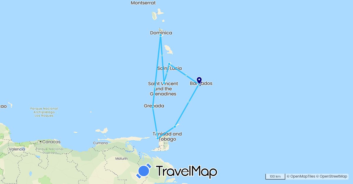 TravelMap itinerary: driving, plane, boat in Barbados, Dominica, Grenada, Saint Lucia, Trinidad and Tobago, Saint Vincent and the Grenadines (North America)