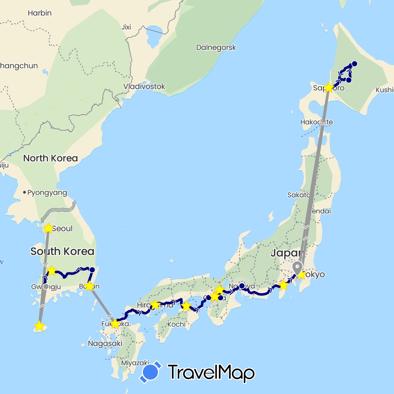 TravelMap itinerary: driving, plane in Japan, South Korea (Asia)