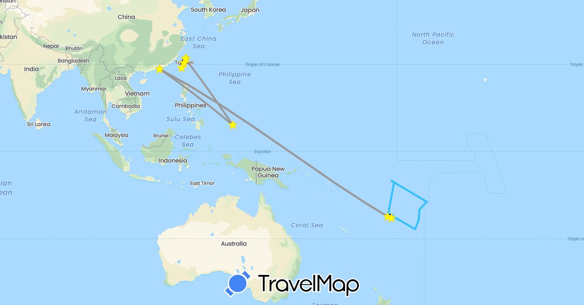 TravelMap itinerary: driving, plane, boat in China, Fiji, Palau, Tonga, Tuvalu, Taiwan, Samoa (Asia, Oceania)