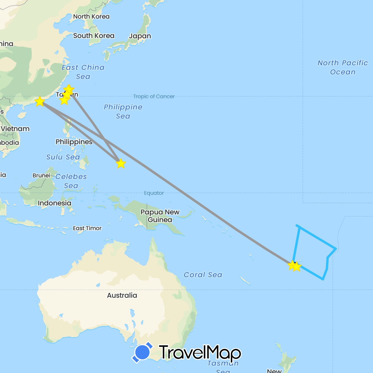 TravelMap itinerary: driving, plane, boat in China, Fiji, Palau, Tonga, Tuvalu, Taiwan, Samoa (Asia, Oceania)