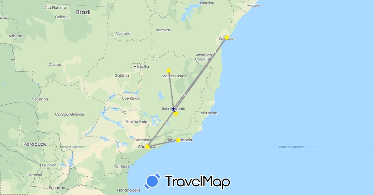 TravelMap itinerary: driving, plane in Brazil (South America)