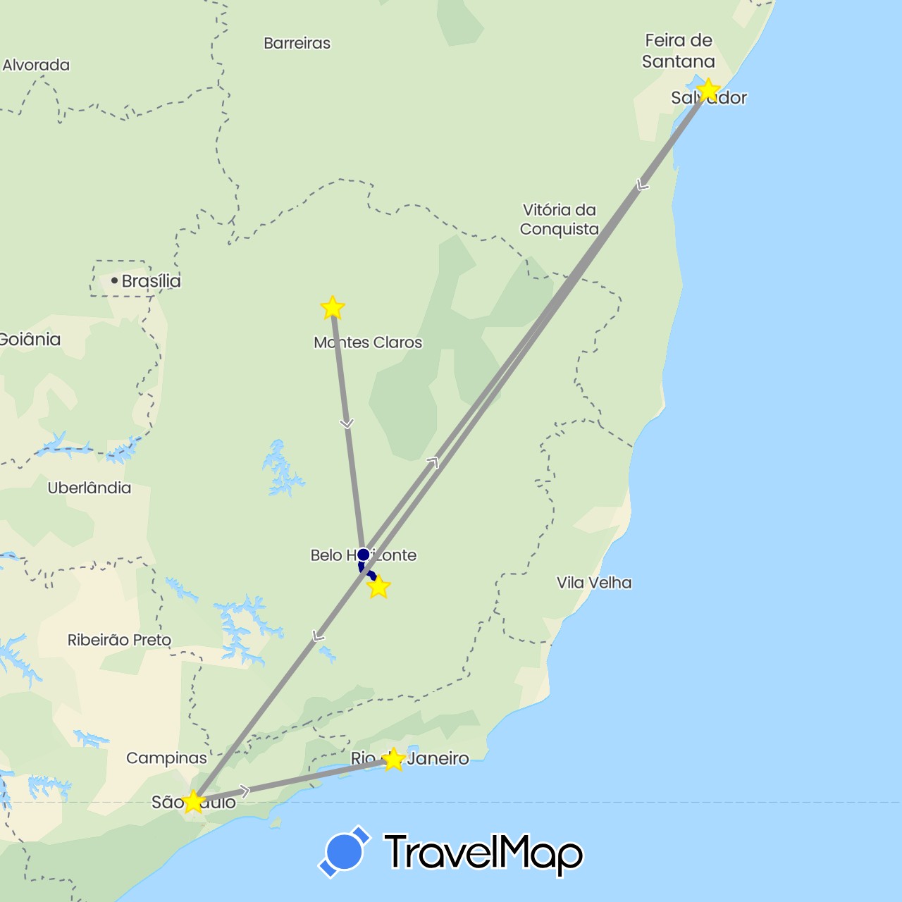 TravelMap itinerary: driving, plane in Brazil (South America)