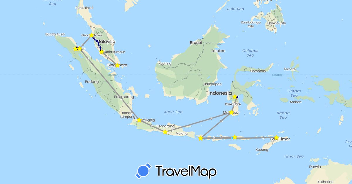 TravelMap itinerary: driving, plane, boat in Indonesia, Malaysia, Singapore, East Timor (Asia)