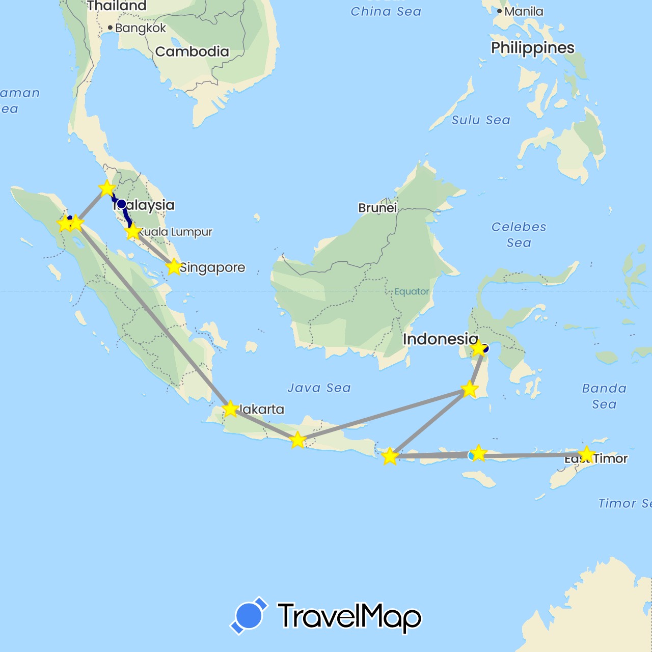 TravelMap itinerary: driving, plane, boat in Indonesia, Malaysia, Singapore, East Timor (Asia)