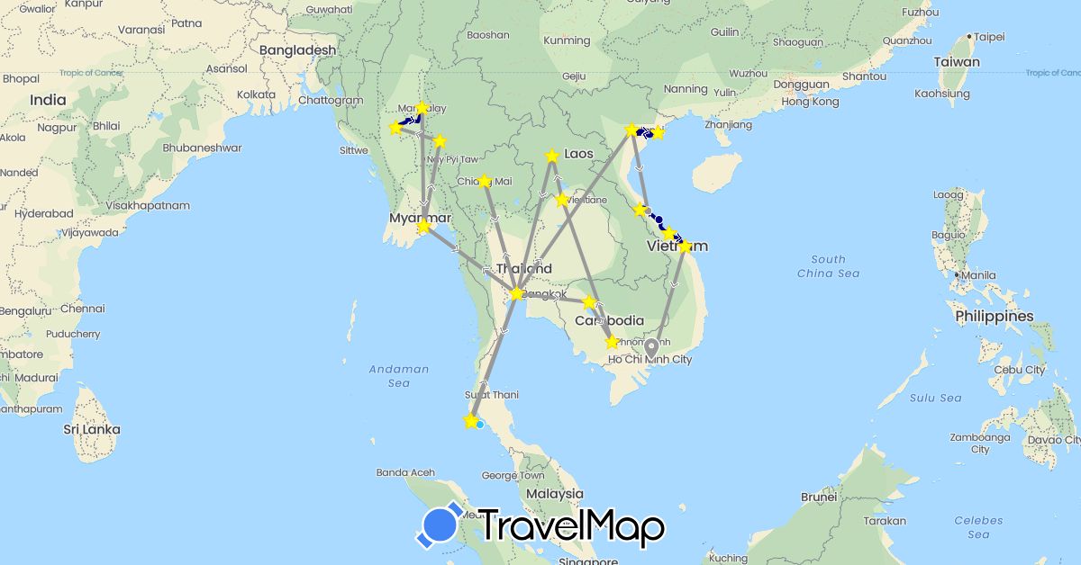 TravelMap itinerary: driving, plane, boat in Cambodia, Laos, Myanmar (Burma), Thailand, Vietnam (Asia)