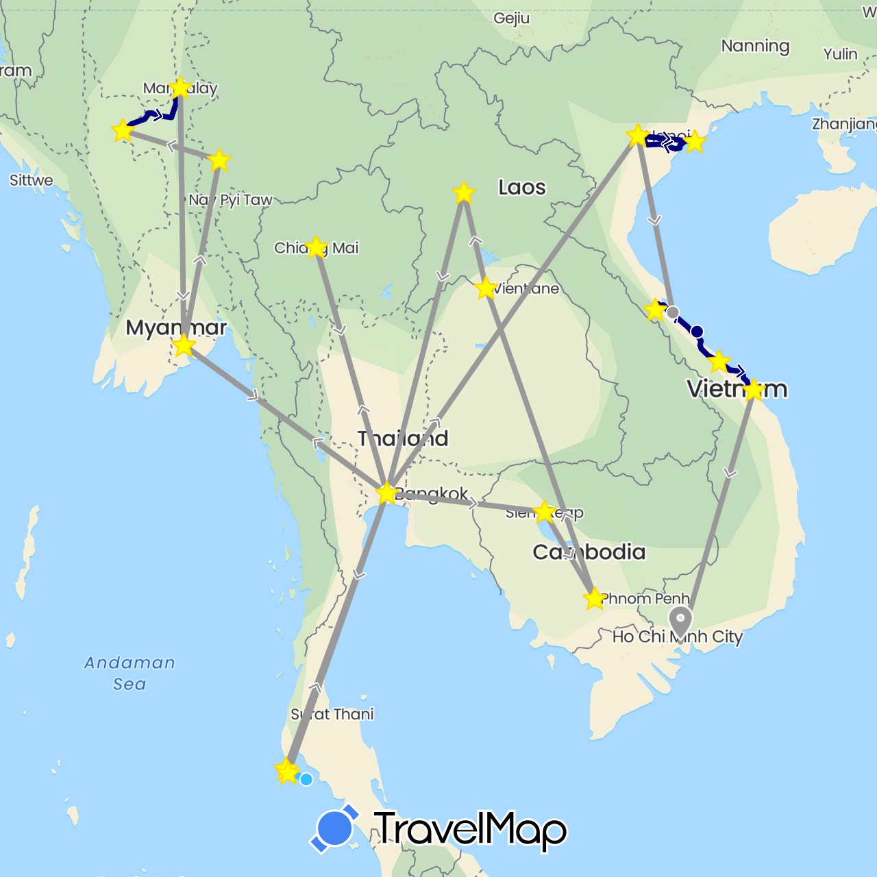 TravelMap itinerary: driving, plane, boat in Cambodia, Laos, Myanmar (Burma), Thailand, Vietnam (Asia)