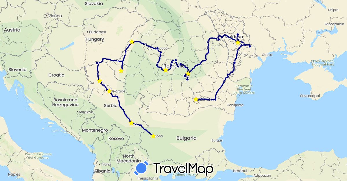 TravelMap itinerary: driving in Bulgaria, Moldova, Romania, Serbia (Europe)