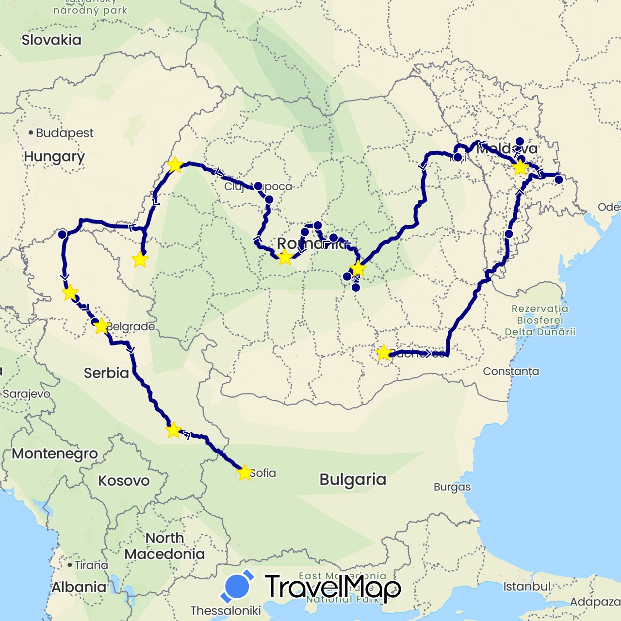 TravelMap itinerary: driving in Bulgaria, Moldova, Romania, Serbia (Europe)