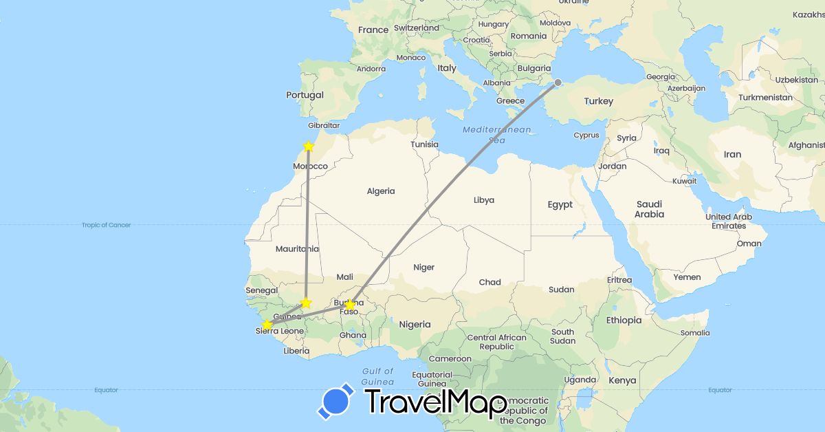 TravelMap itinerary: driving, plane in Burkina Faso, Guinea, Morocco, Mali, Turkey (Africa, Asia)
