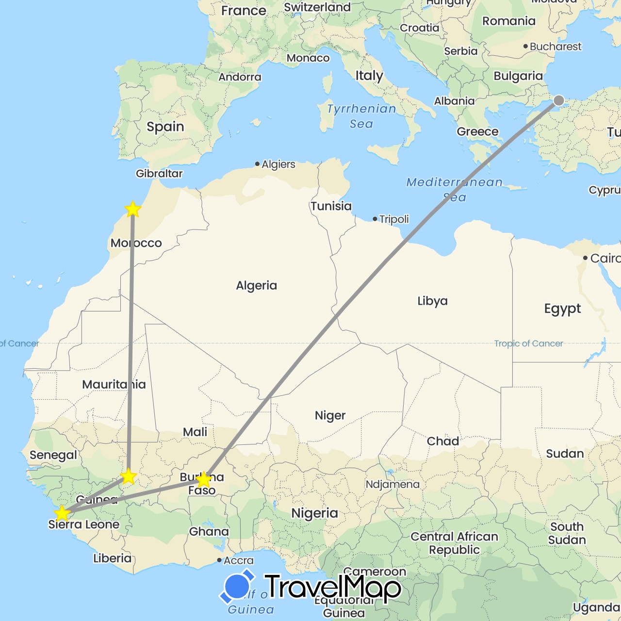 TravelMap itinerary: driving, plane in Burkina Faso, Guinea, Morocco, Mali, Turkey (Africa, Asia)