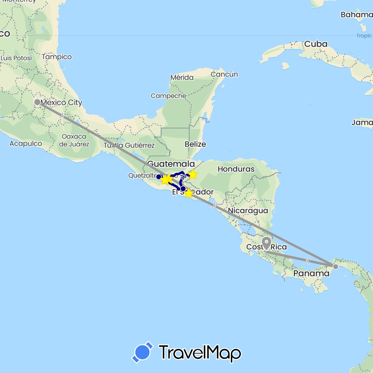 TravelMap itinerary: driving, plane in Costa Rica, Guatemala, Honduras, Mexico, Panama, El Salvador (North America)